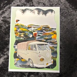 Vintage VW Pickup Collage Art Print - Cream & Green